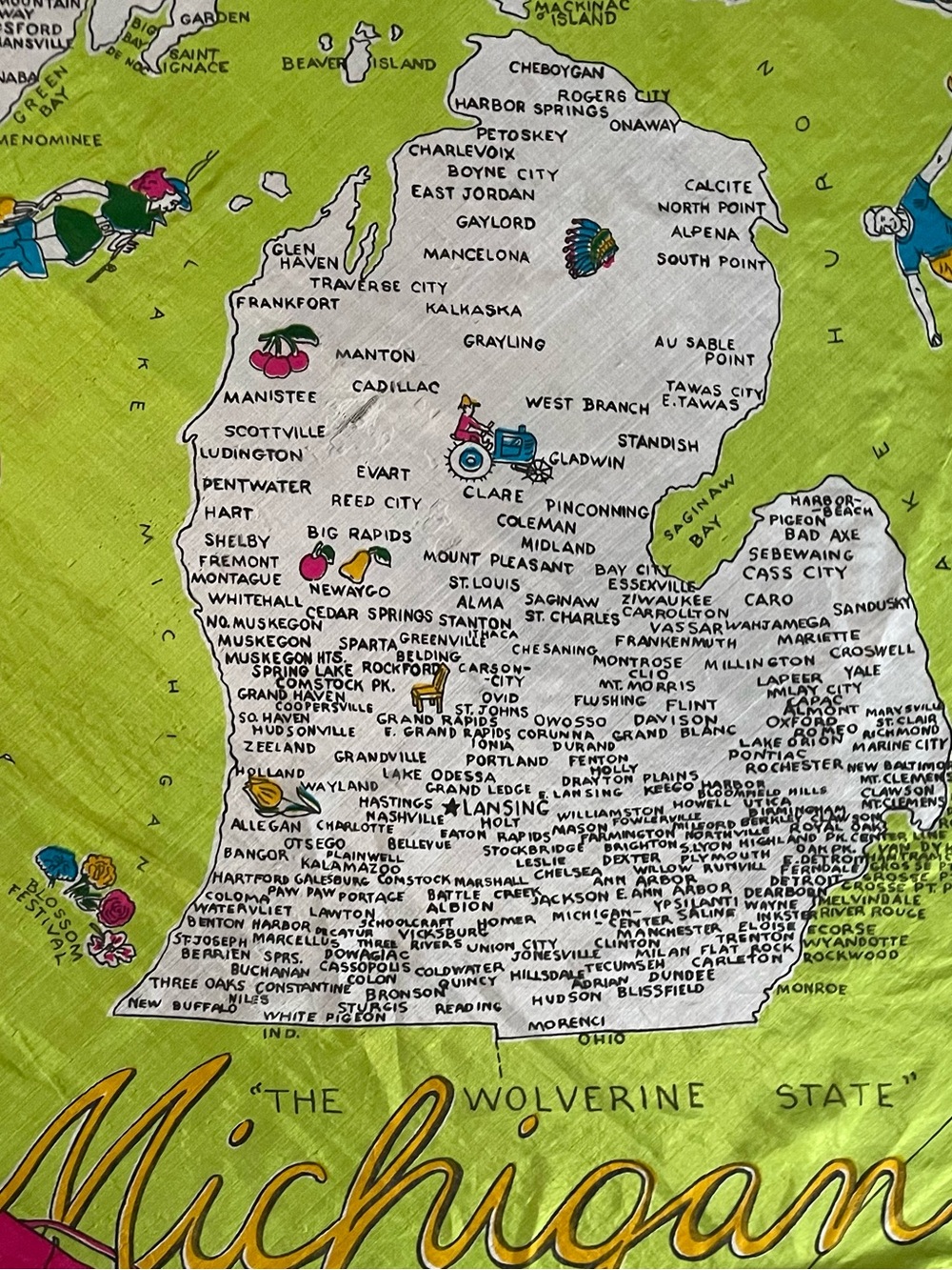 Rare Vintage 50s Michigan Silk Souvenir Scarf Large 34 In Fair Condition